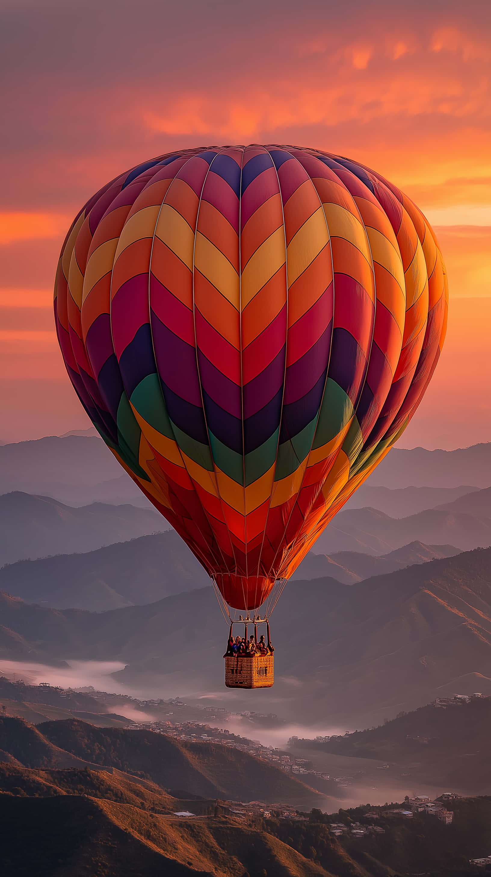 mountain balloon ride, hot air balloon, misty mountains, 2K Phone Wallpaper