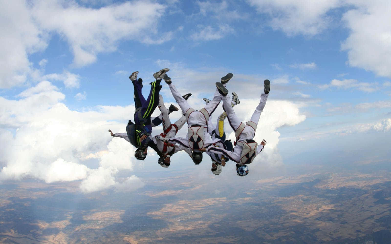 skydiving, bright blue sky, fluffy white clouds, HD Desktop Wallpaper