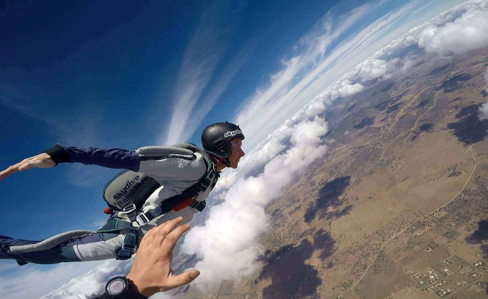 head down free falling, clear blue sky, white clouds, HD Desktop Wallpaper