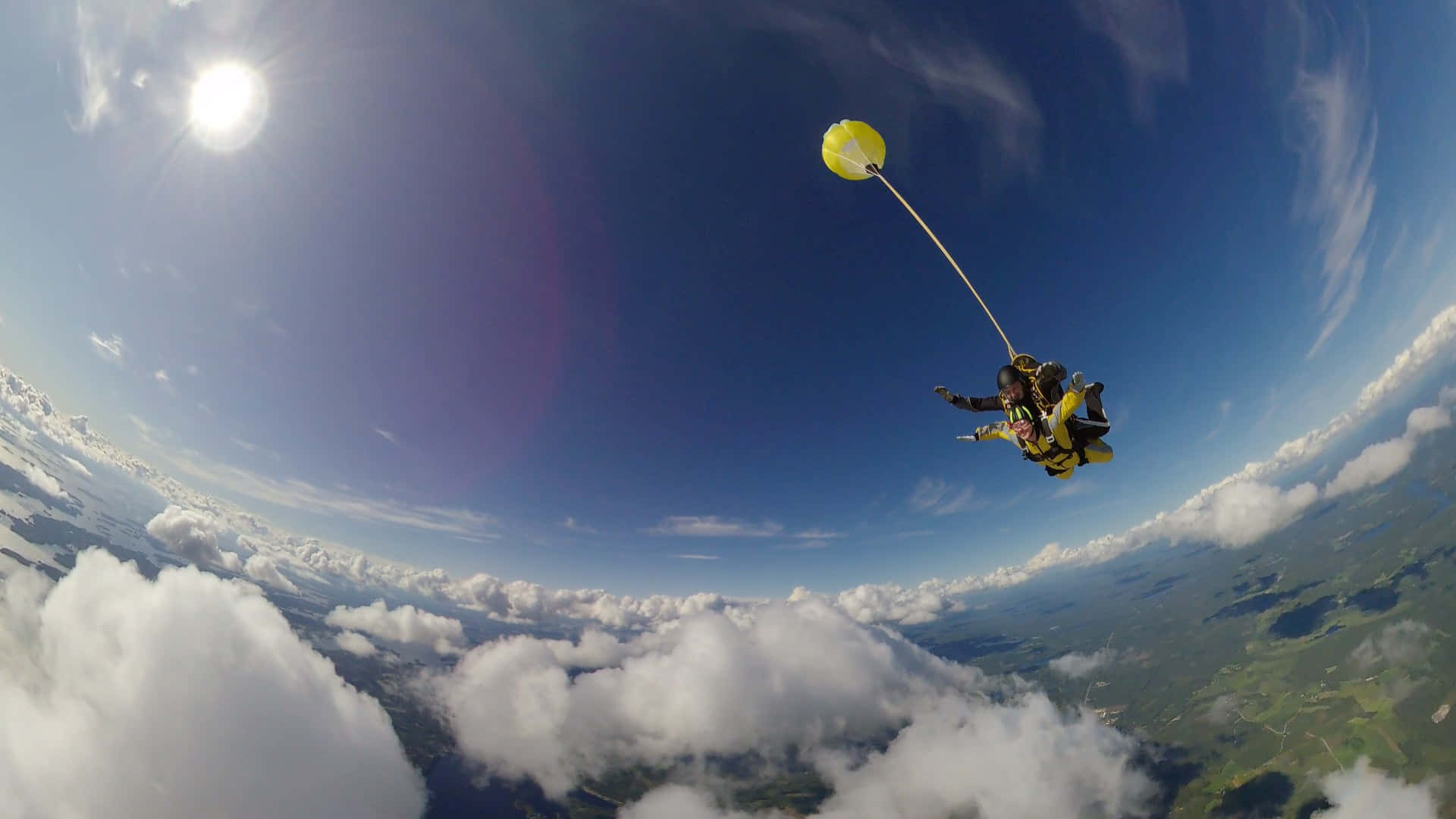 tiny pilot chute, yellow parachute, bright blue sky, Full HD Desktop Wallpaper