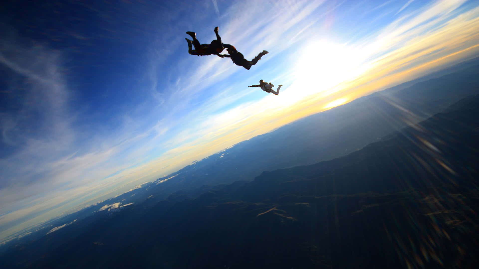 skydiving, sunset, silhouette, Full HD Desktop Wallpaper