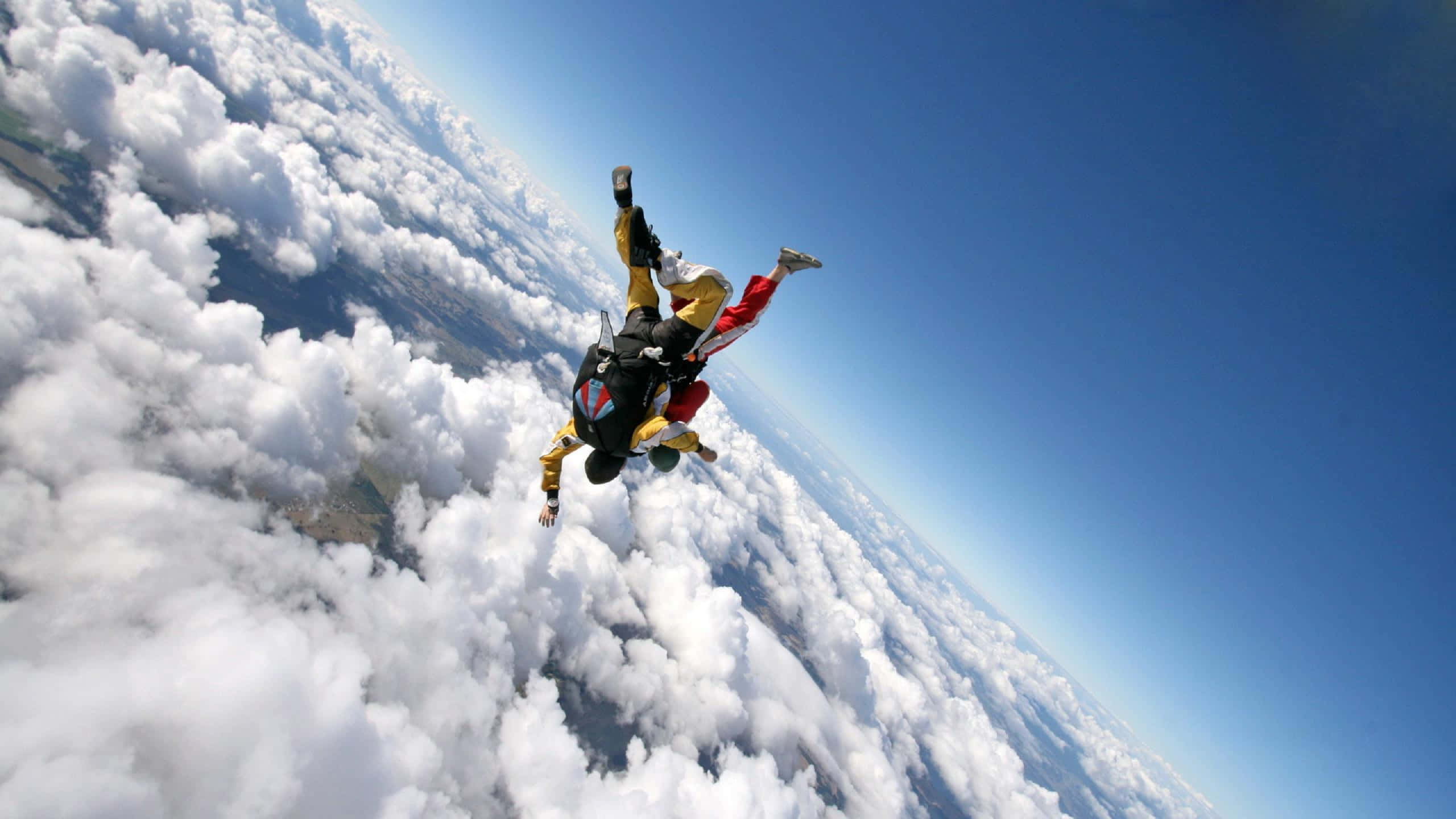 skydiving, colorful suits, clear blue sky, 2K Desktop Wallpaper