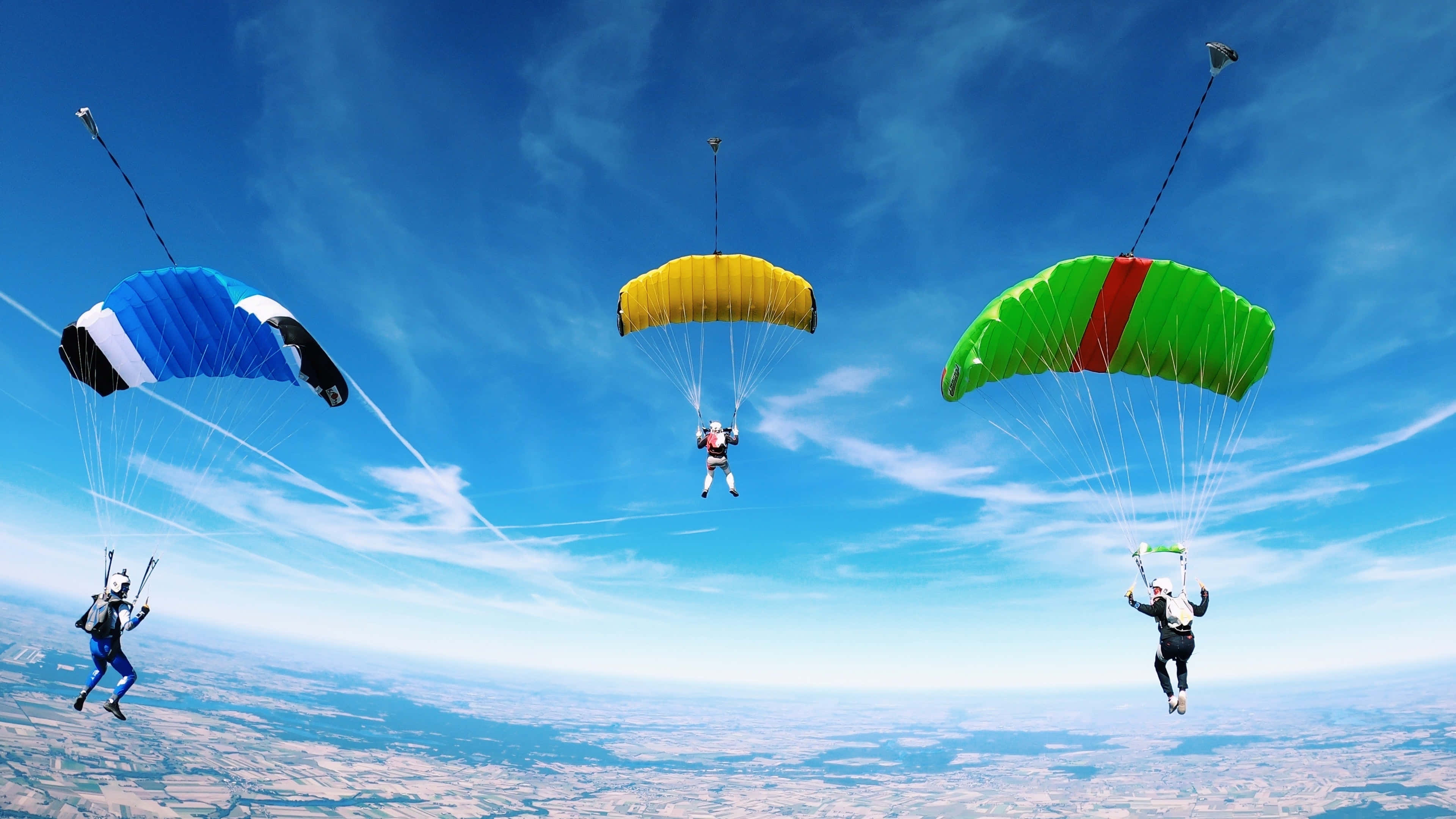 multi colored parachute, skydiving, vast blue sky, 4K Desktop Wallpaper