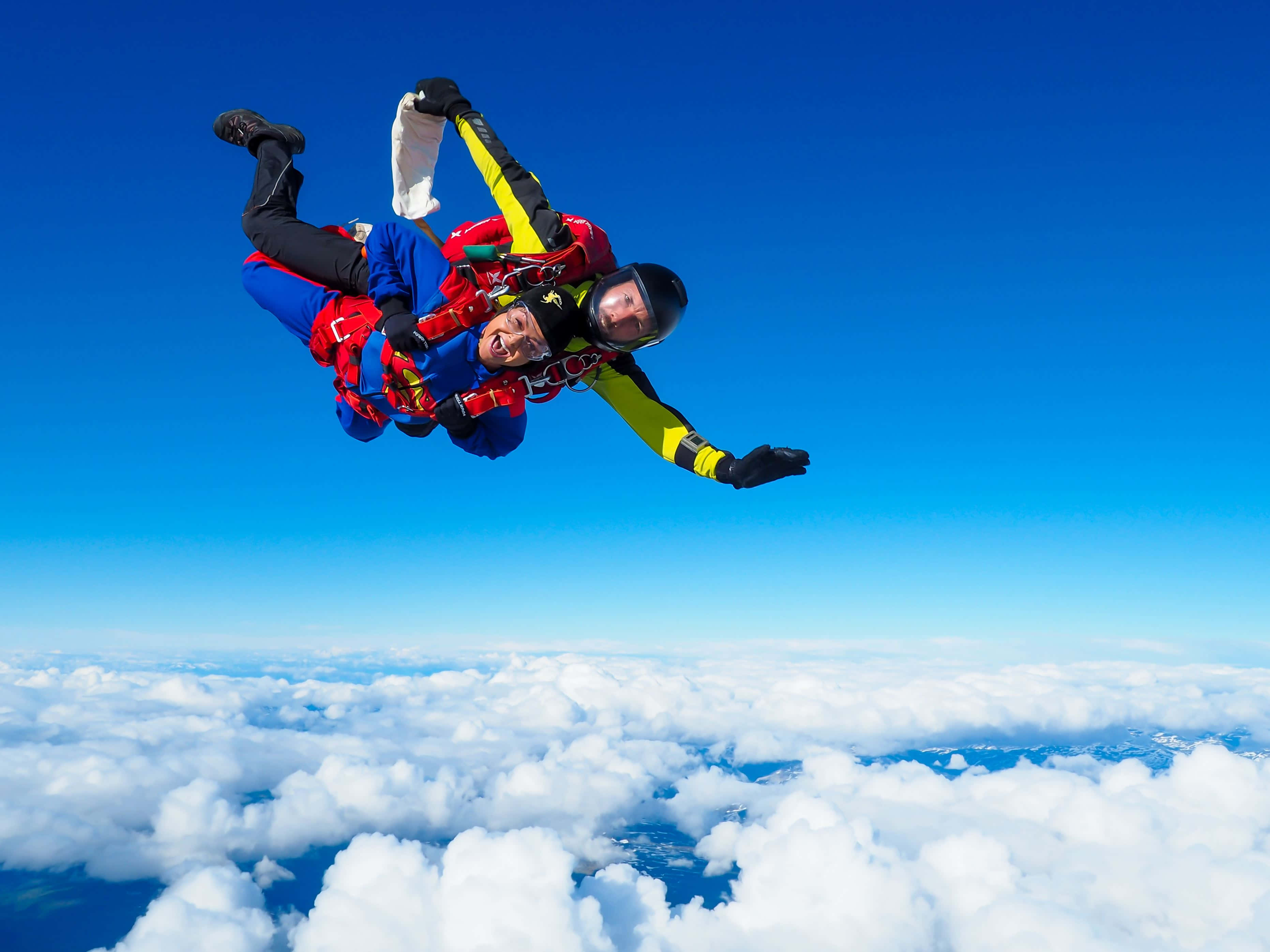 colorful jumpsuit, skydiving, fluffy white clouds, 2K Desktop Wallpaper