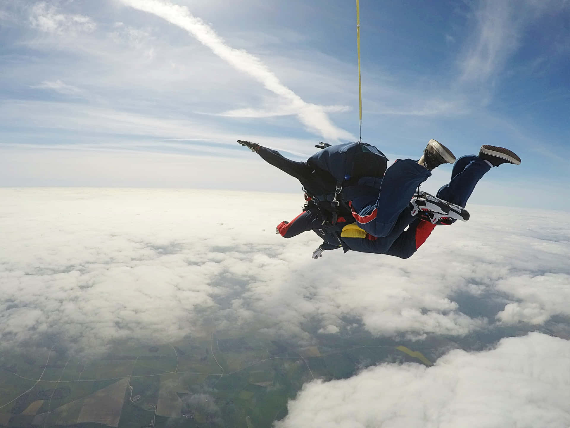 tandem skydiving, blue gear, red gear, Full HD Desktop Wallpaper