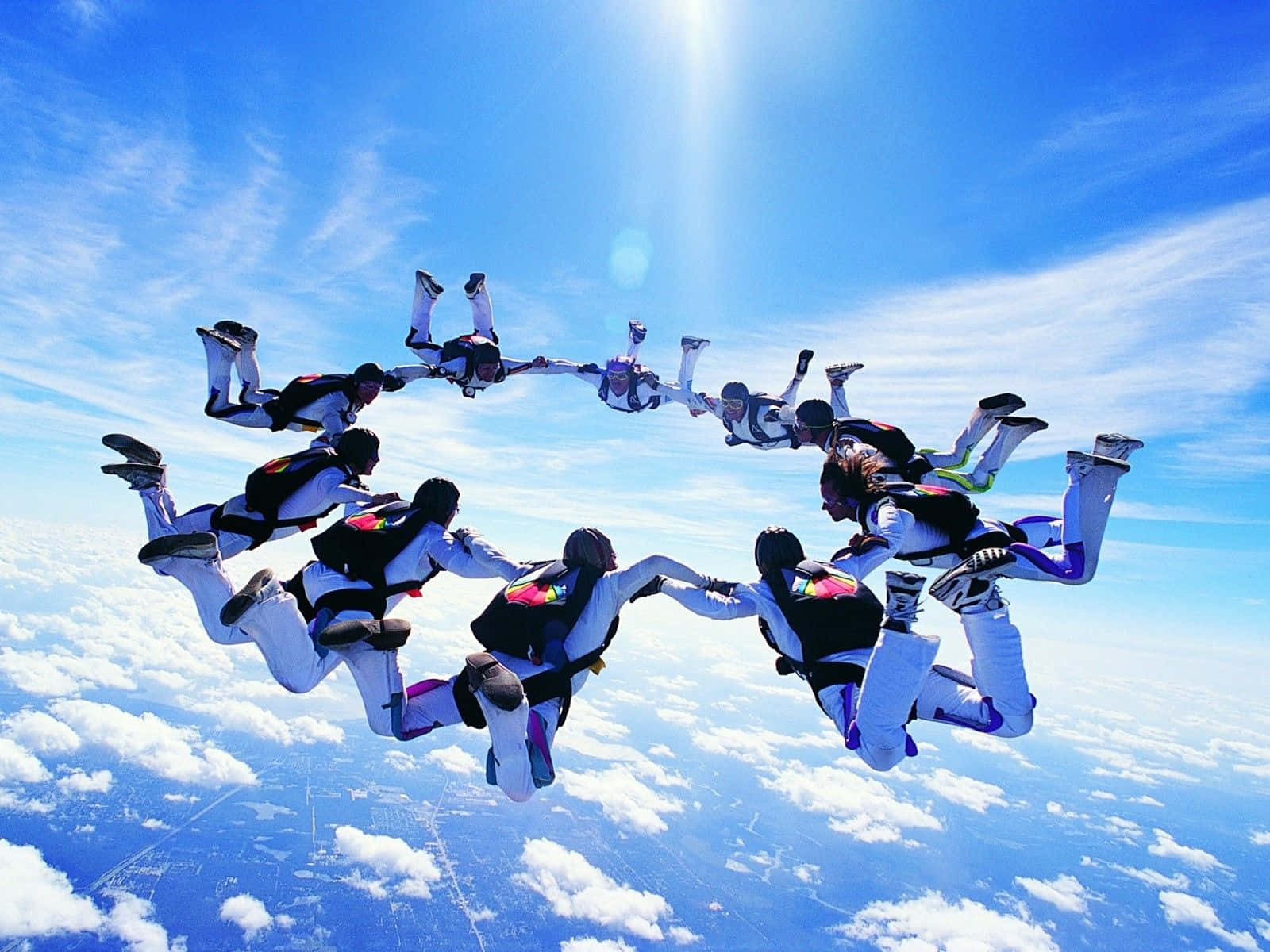 circle formation, skydiving, bright blue sky, HD Desktop Wallpaper