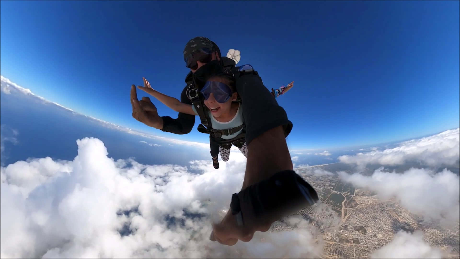 tandem skydiving, clouds, cityscape, Full HD Desktop Wallpaper