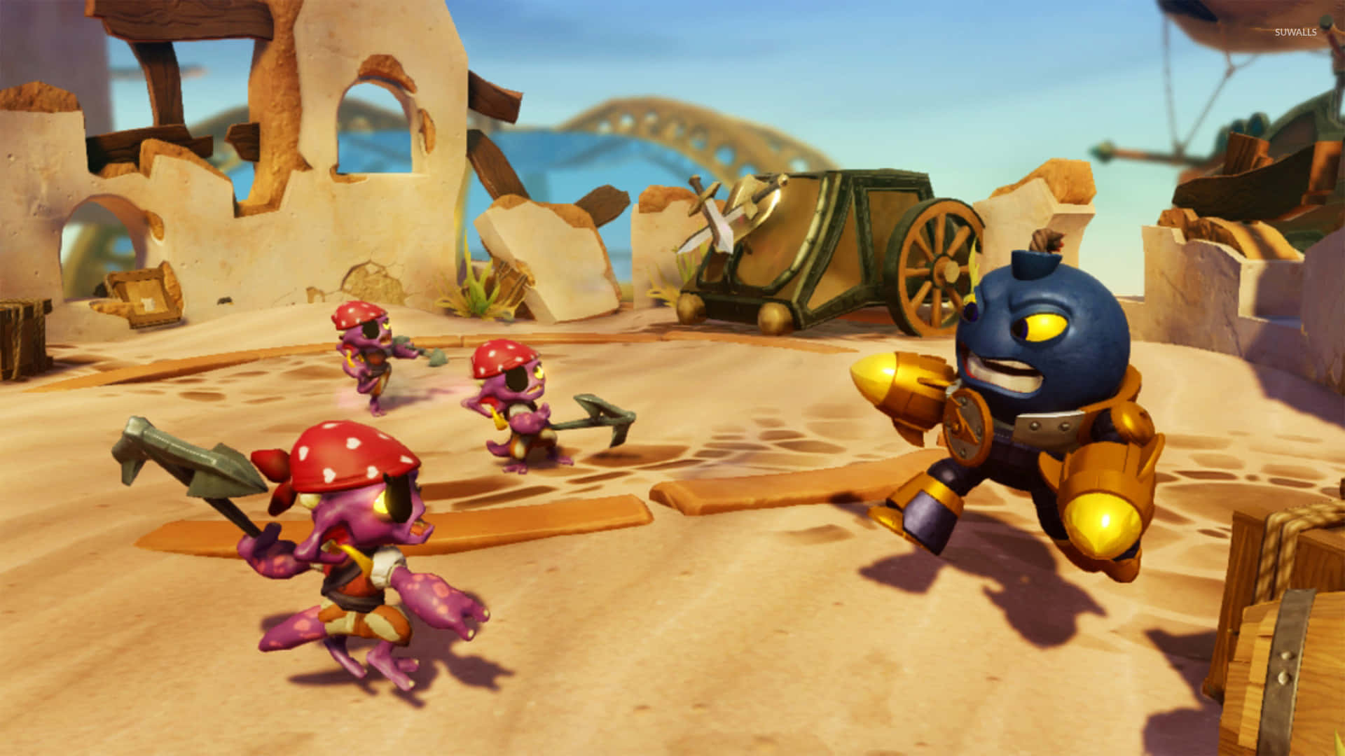Skylanders, purple mushroom-like creatures, red hats, Full HD Desktop Wallpaper