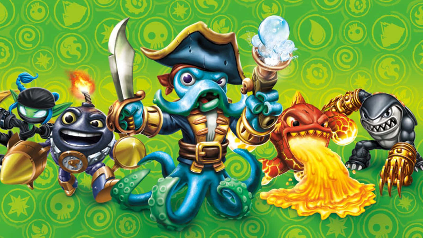 Skylanders, pirate-themed gear, green patterned background, HD Desktop Wallpaper