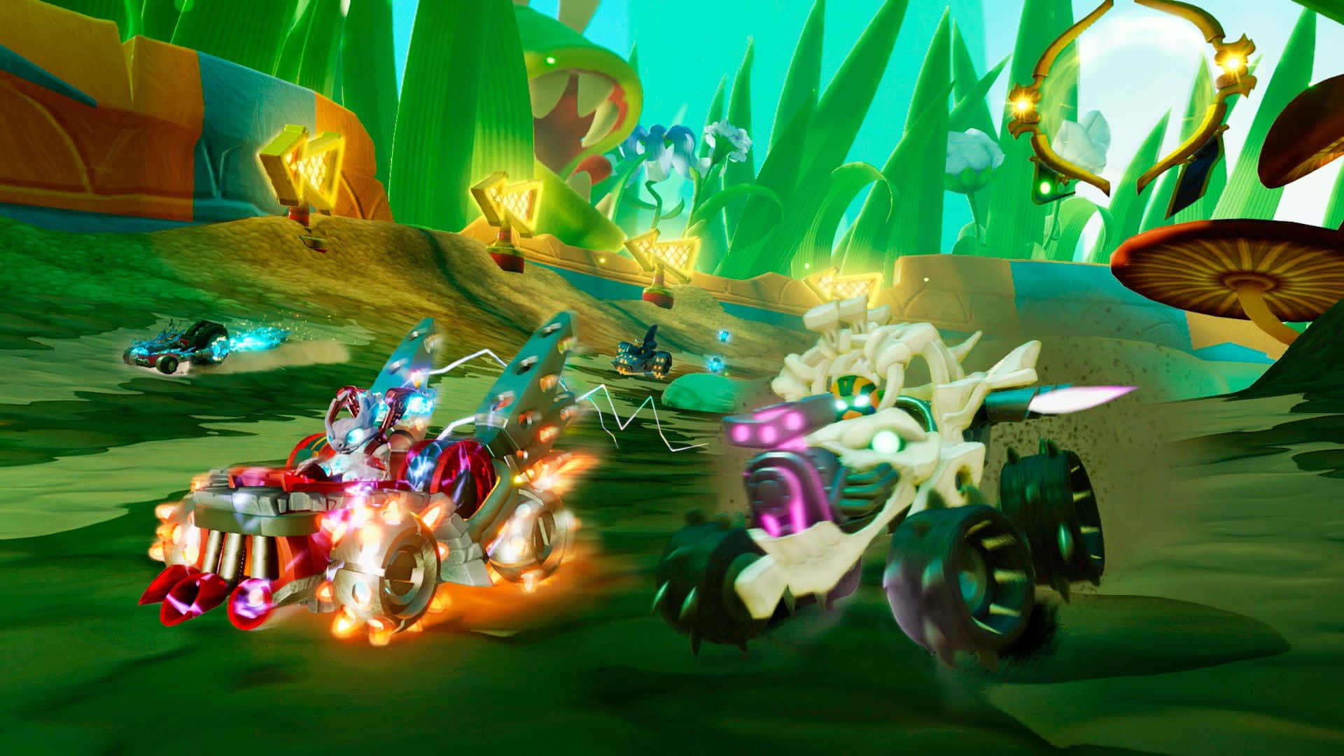 Skylanders, glowing futuristic race cars, vibrant alien jungle, Full HD Desktop Wallpaper