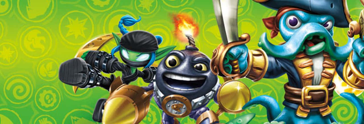 Skylanders, colorful Skylanders characters, vibrant green patterned background, HD Desktop Wallpaper
