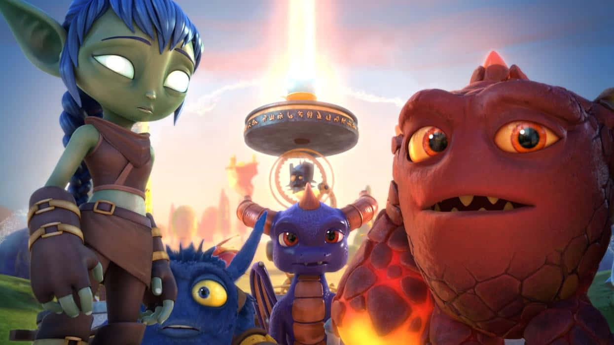 Skylanders, blue-haired elf girl, red monster, SD Desktop Wallpaper