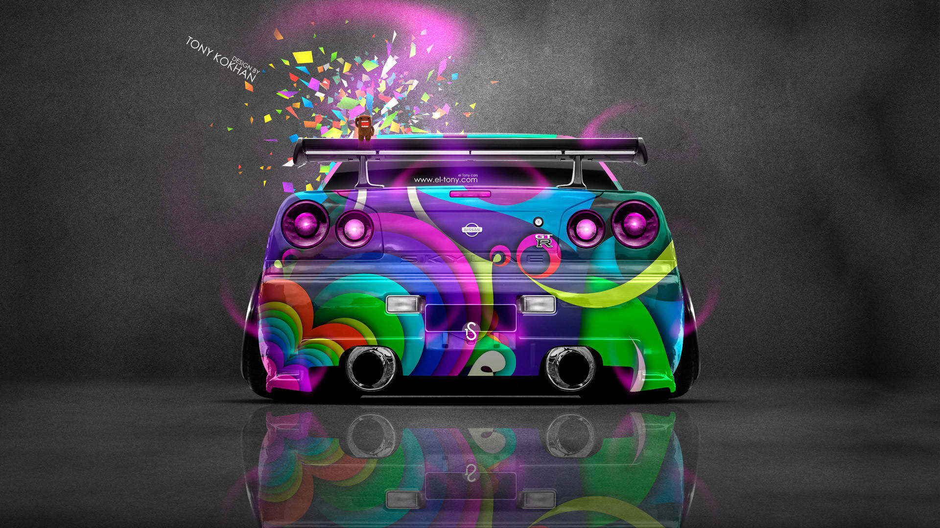 colorful skyline car, rainbow-colored sports car, confetti, Full HD Desktop Wallpaper