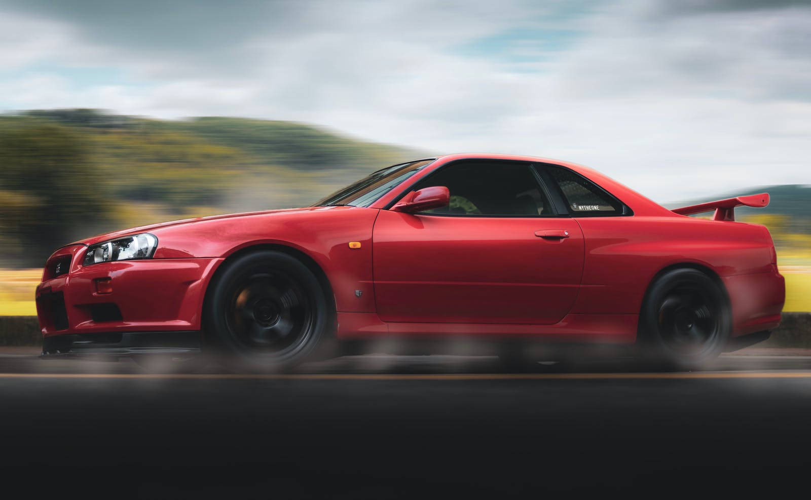 red skyline car, sports car, road, HD Desktop Wallpaper