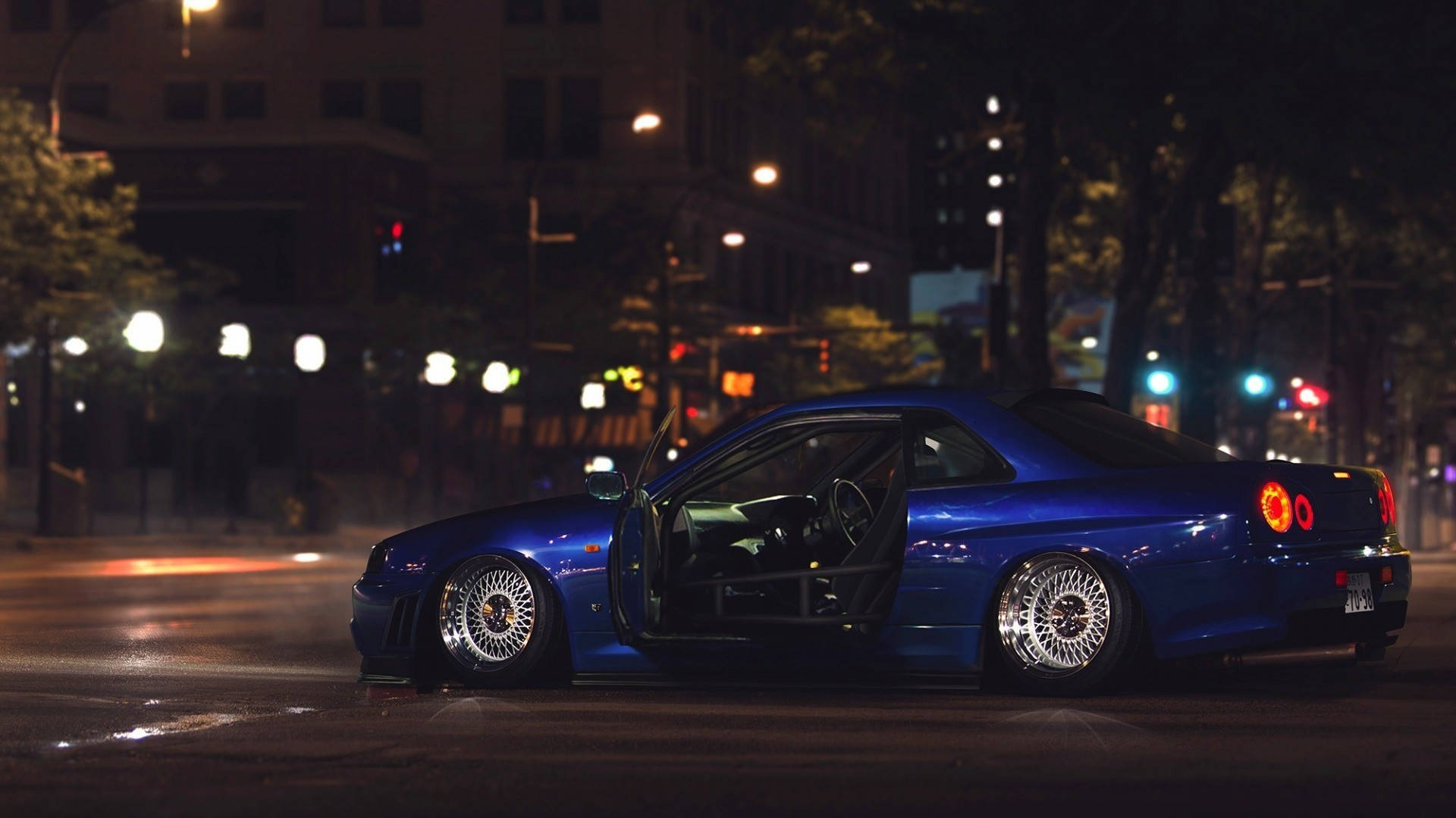 Skyline Car, glossy blue, city lights, Full HD Desktop Wallpaper