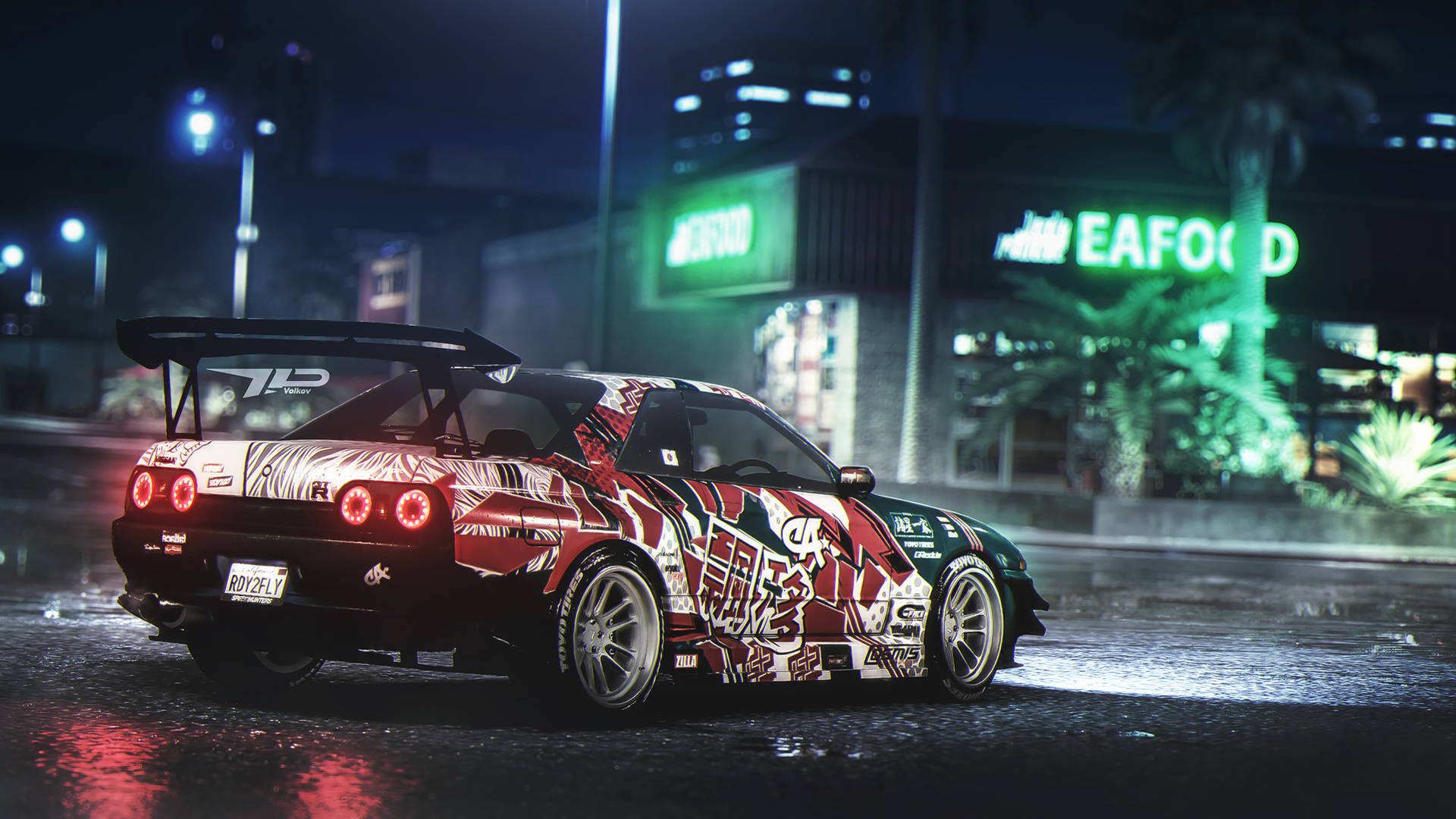 Skyline Car, glowing red taillights, wet city street, Full HD Desktop Wallpaper