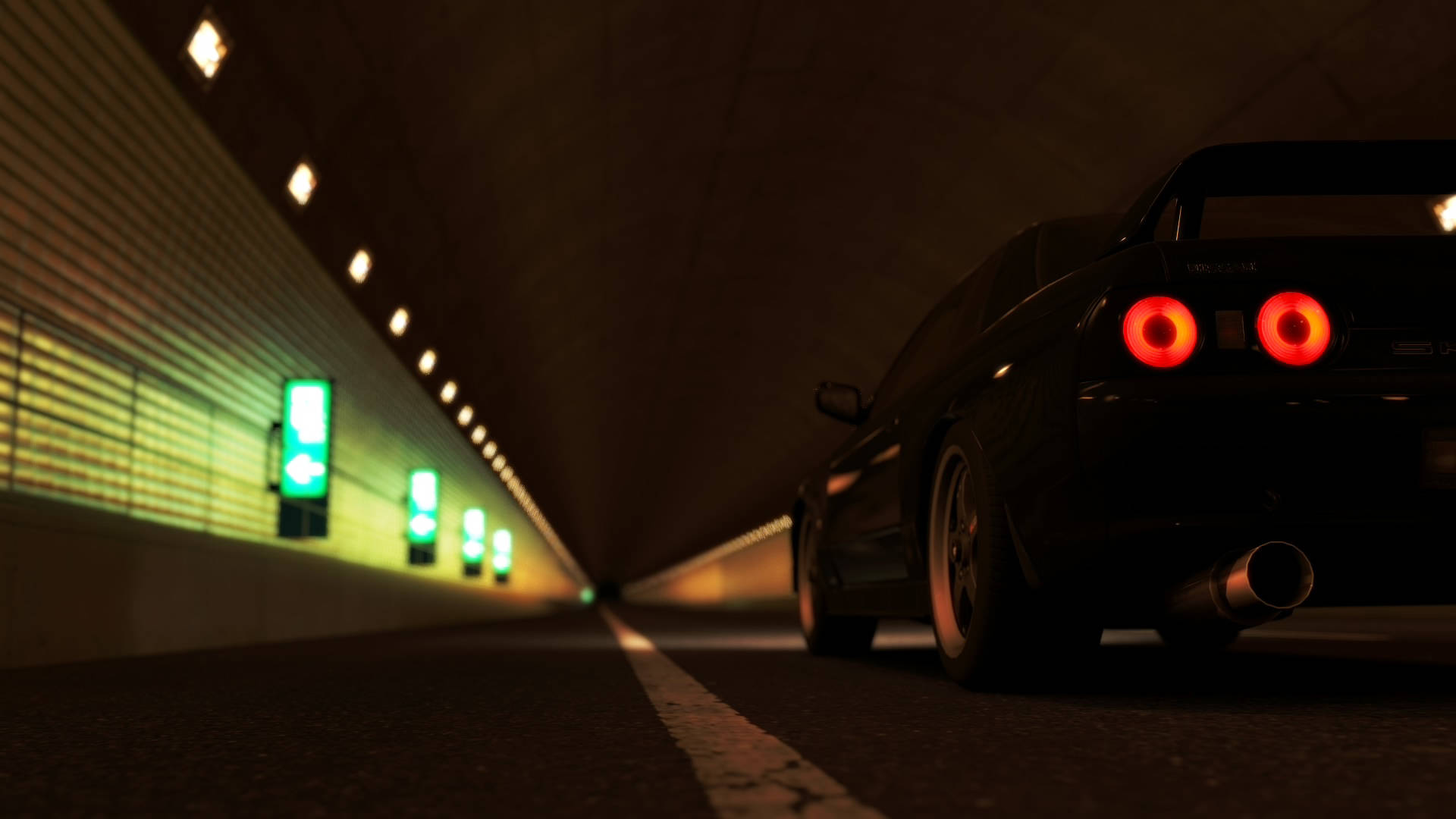 Skyline R32, black sports car, glowing red taillights, Full HD Desktop Wallpaper