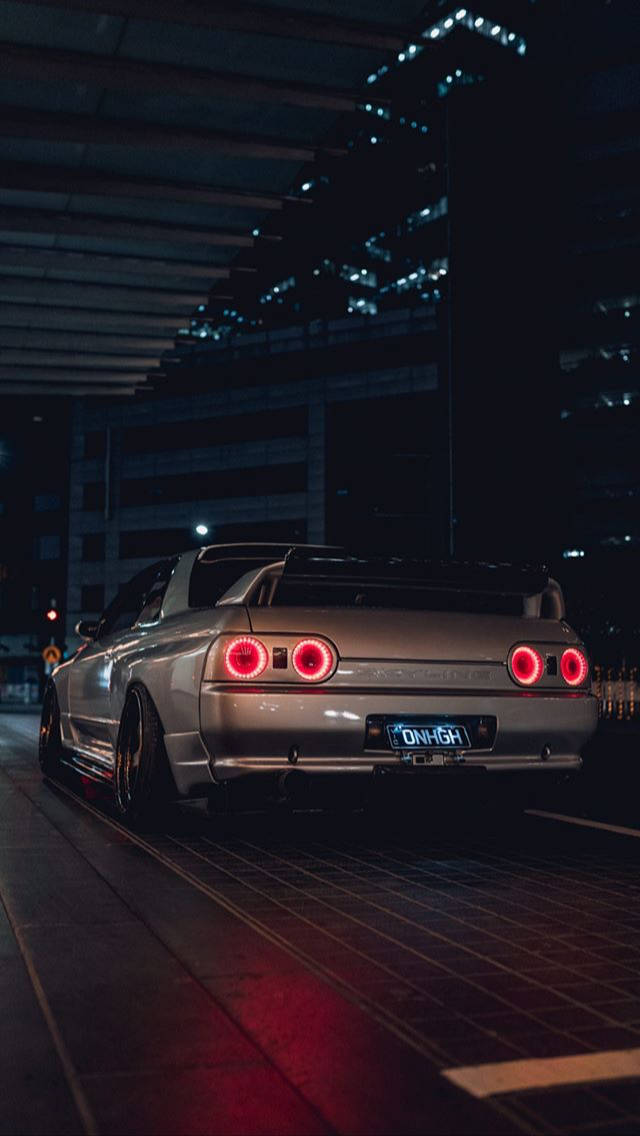 Skyline R32, silver, glowing red circular taillights, SD Phone Wallpaper