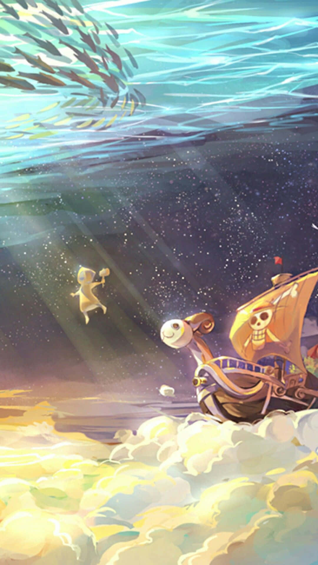 Skypiea, pirate ship, clouds, Full HD Phone Wallpaper