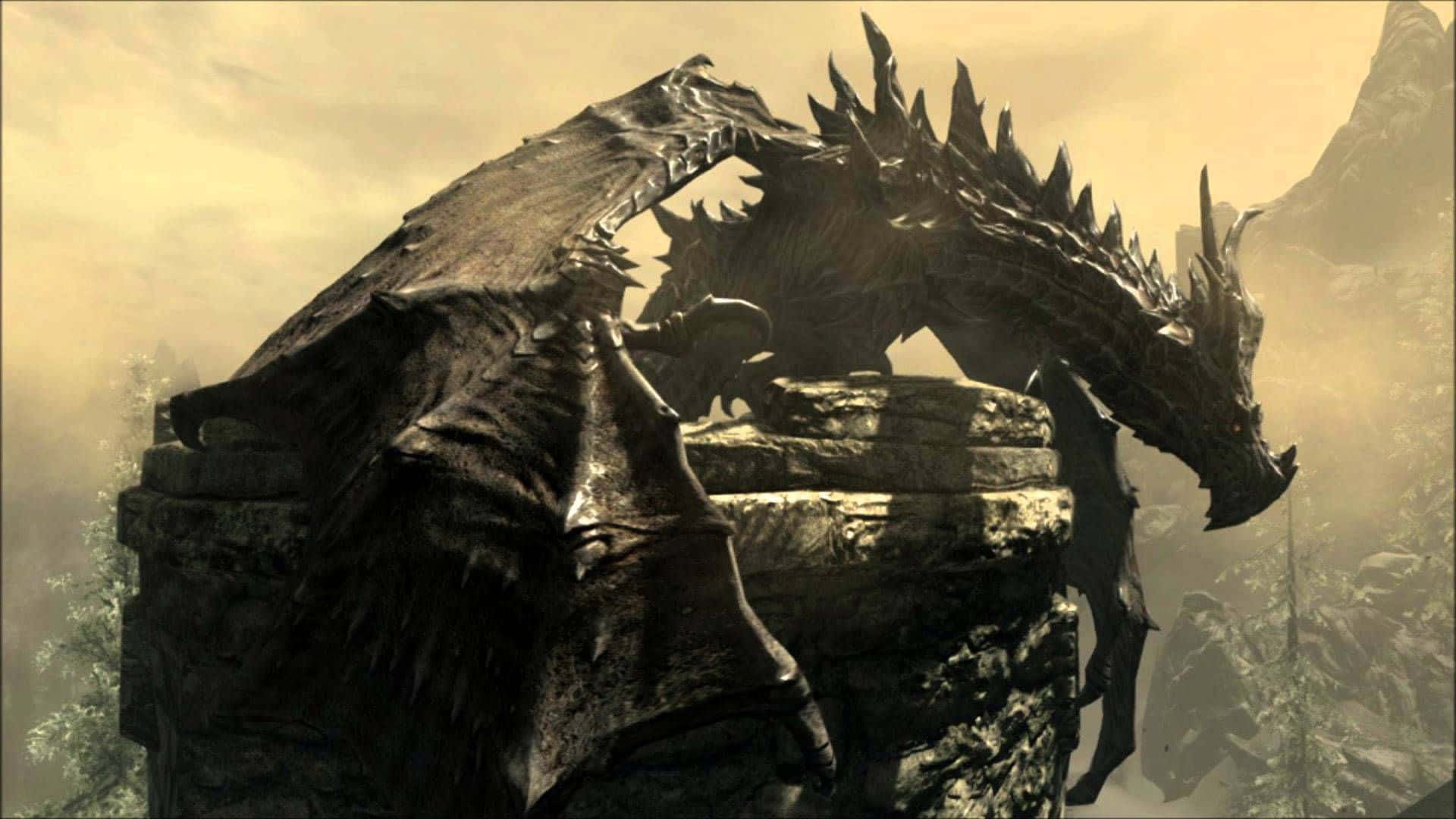 Alduin, Skyrim, stone ruin, Full HD Desktop Wallpaper