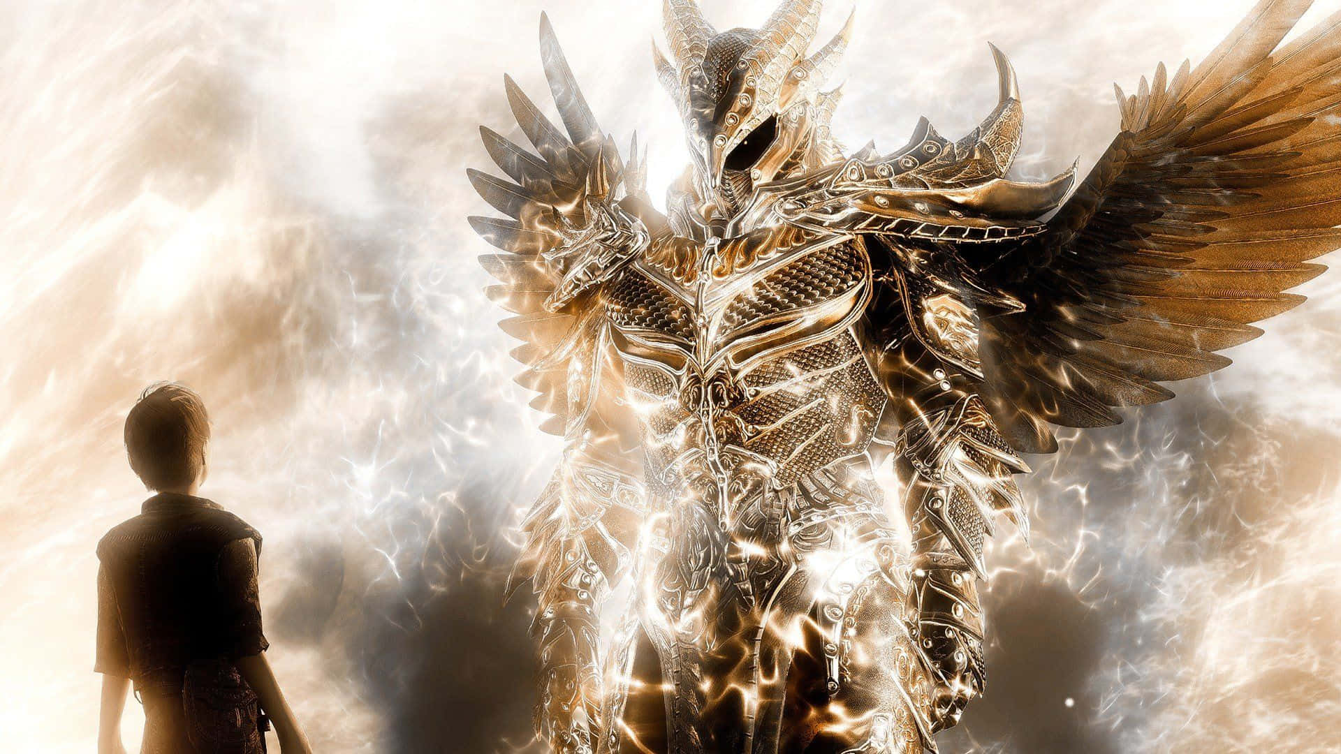 Skyrim Daedric, Daedric Warrior, golden armored angel, Full HD Desktop Wallpaper