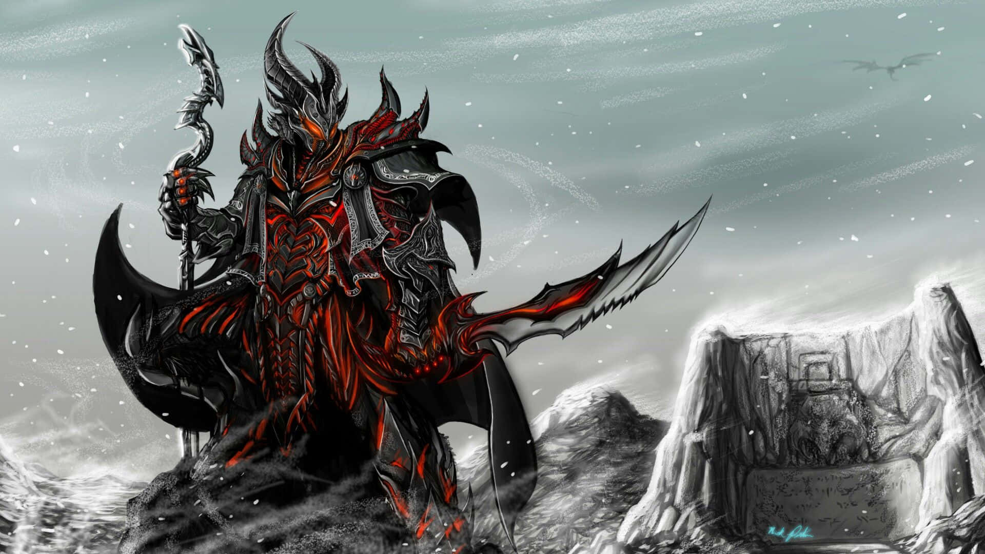 Skyrim Daedric, Daedric Warrior, snowy mountainous landscape, Full HD Desktop Wallpaper