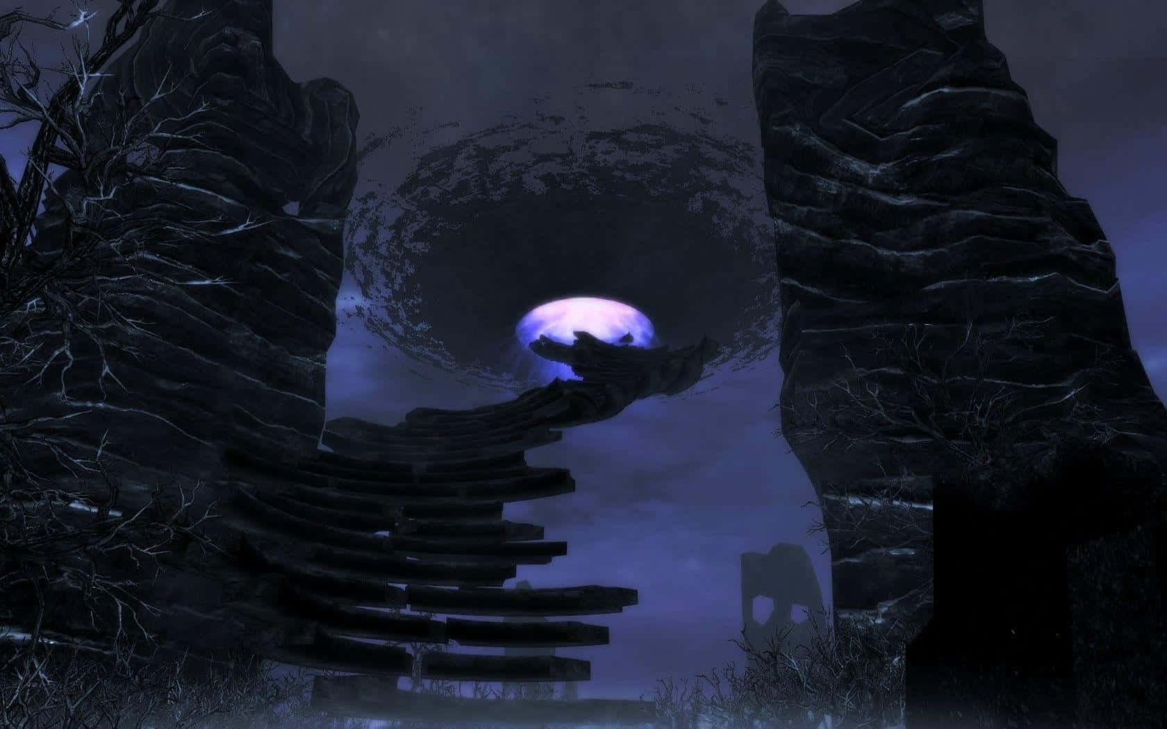 Skyrim Dawnguard, glowing purple orb, jagged dark rock formations, HD Desktop Wallpaper