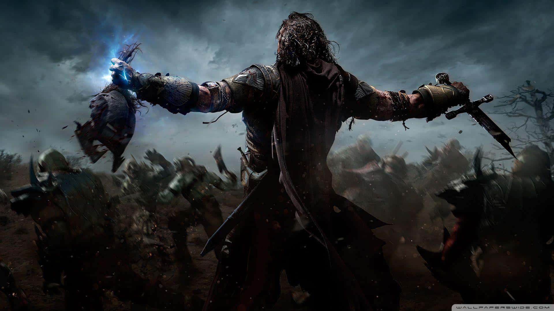 Skyrim Dawnguard, dark-haired warrior, glowing blue magic, Full HD Desktop Wallpaper