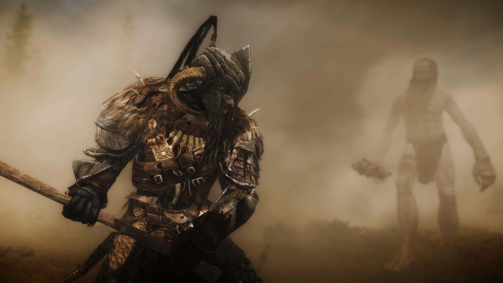 Skyrim Dawnguard, horned armored warrior, staff, Full HD Desktop Wallpaper