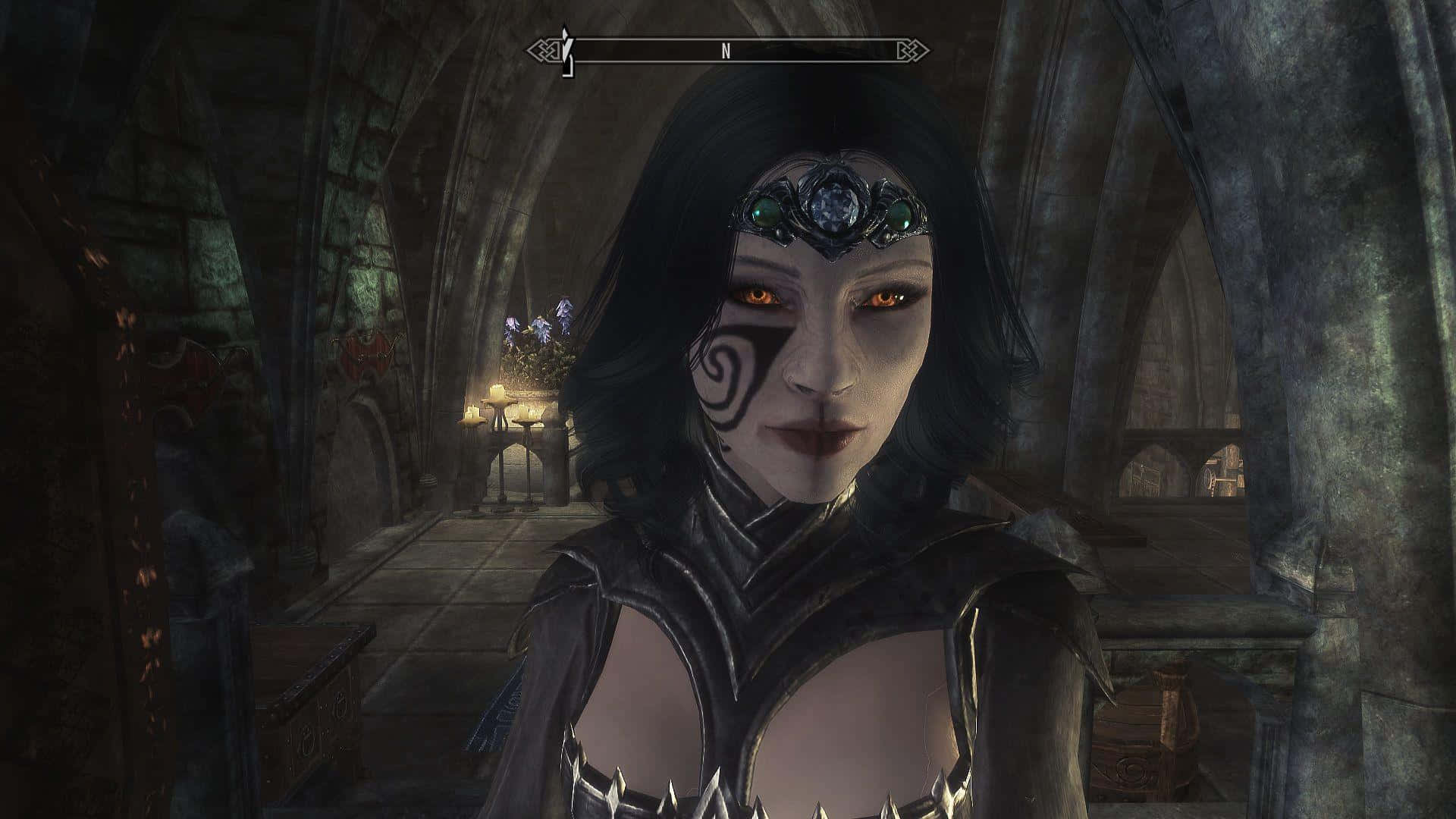 Skyrim Dawnguard, dark-haired elf, glowing orange eyes, Full HD Desktop Wallpaper