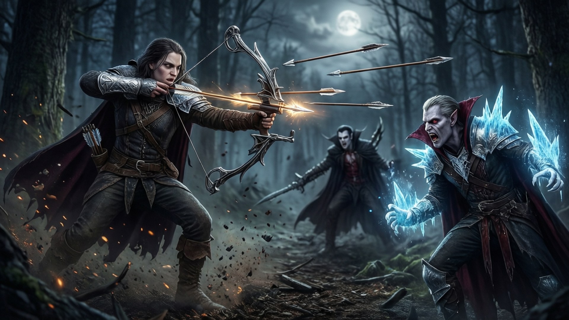 Dawnguard, frost-wielding vampire, glowing bow, Full HD Desktop Wallpaper