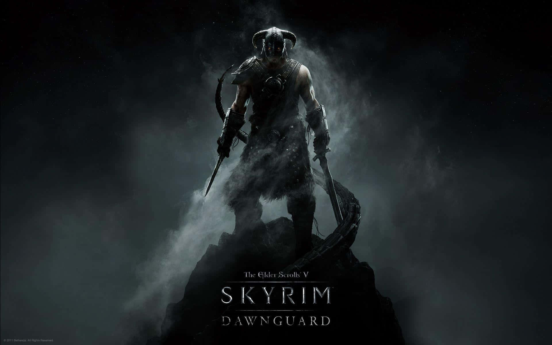 Skyrim Dawnguard, dark armored warrior, horns, Full HD Desktop Wallpaper