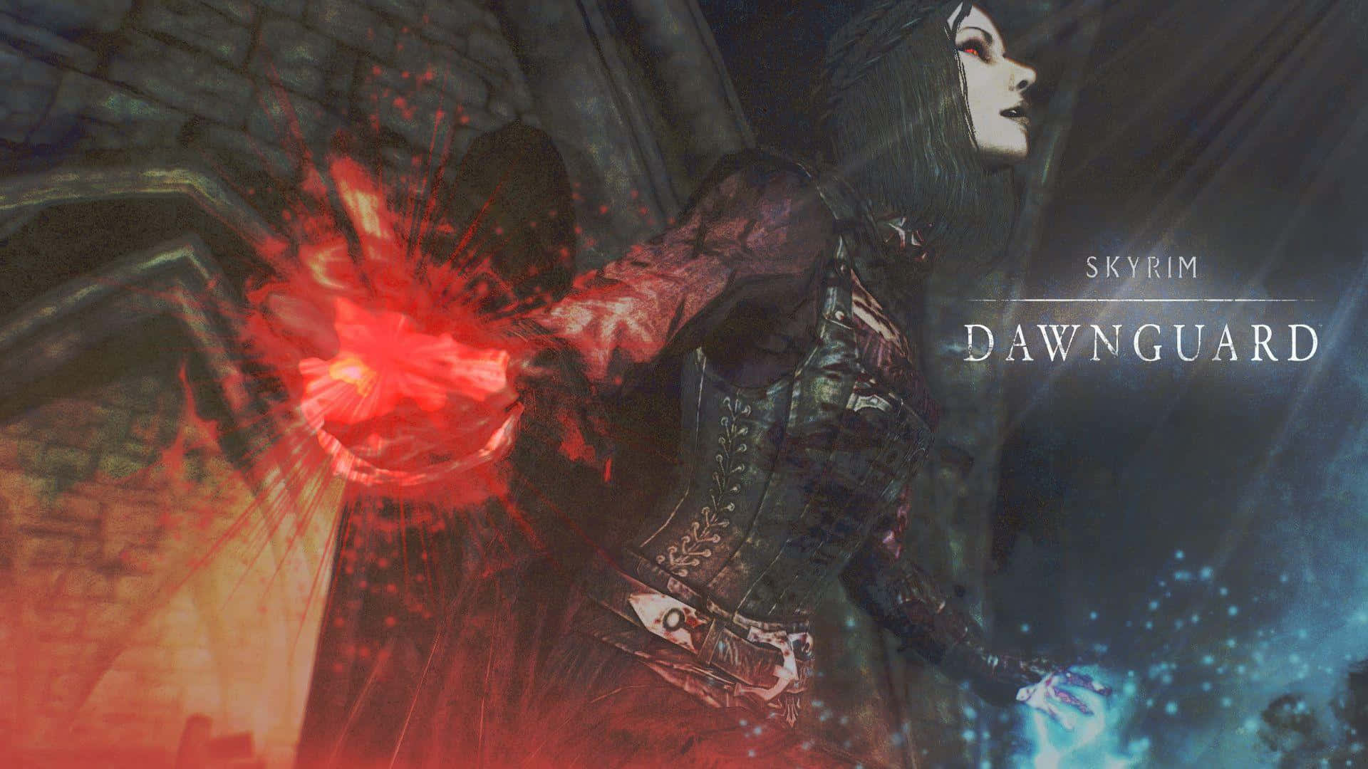 Skyrim Dawnguard, red magical energy, gothic stone hall, Full HD Desktop Wallpaper