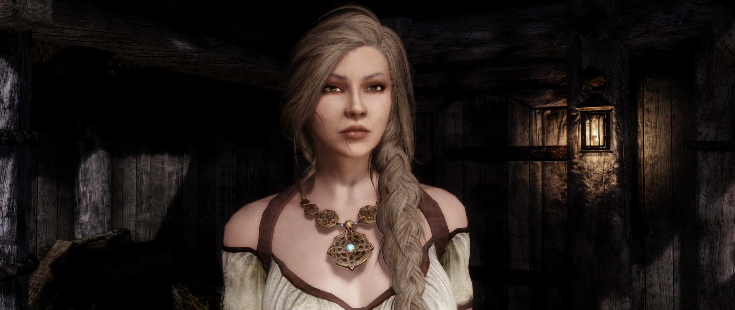 Skyrim Delphine, braided blonde hair, ornate necklace, 2K Desktop Wallpaper
