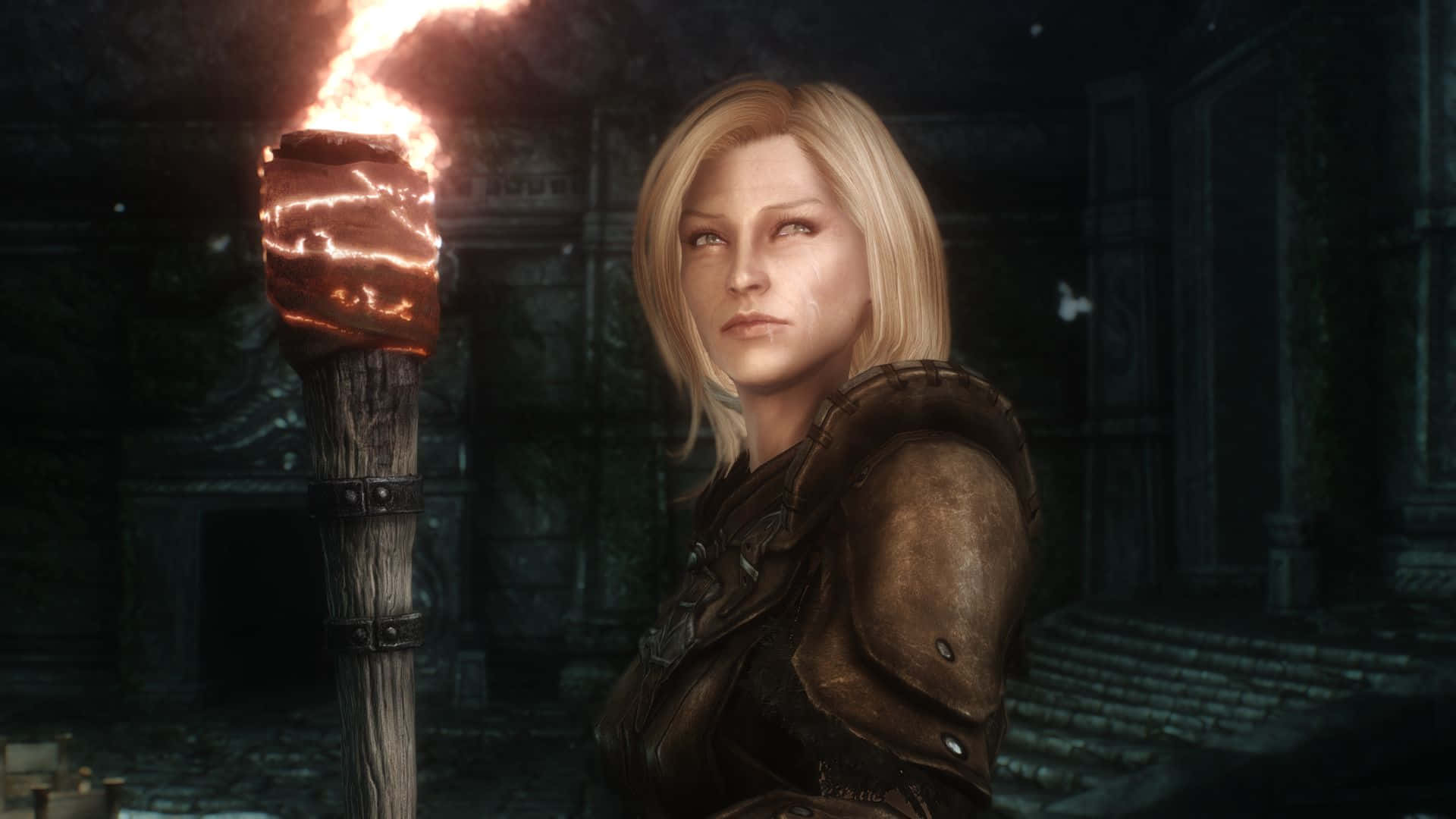 Skyrim Delphine, blonde armored woman, flaming torch, Full HD Desktop Wallpaper
