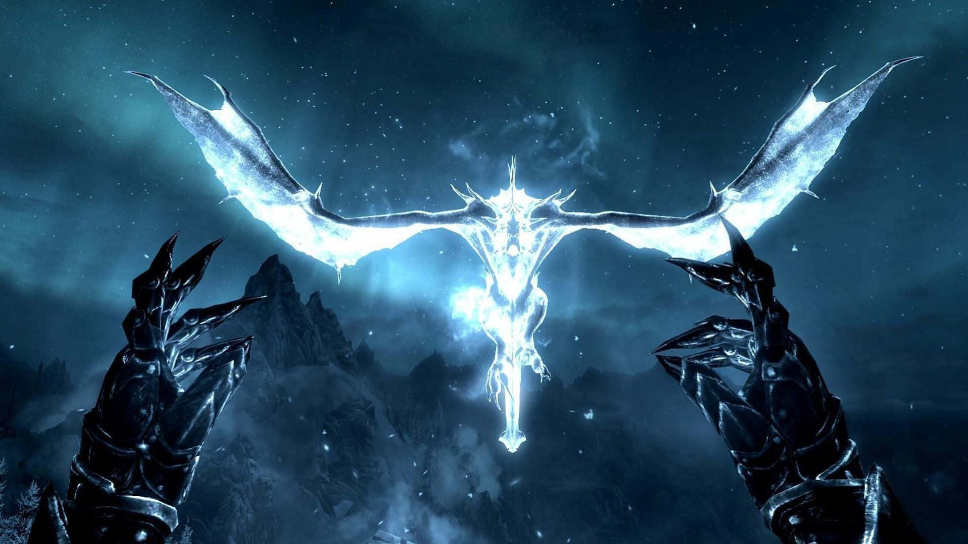 Skyrim, glowing ice dragon, starry night sky, Full HD Desktop Wallpaper