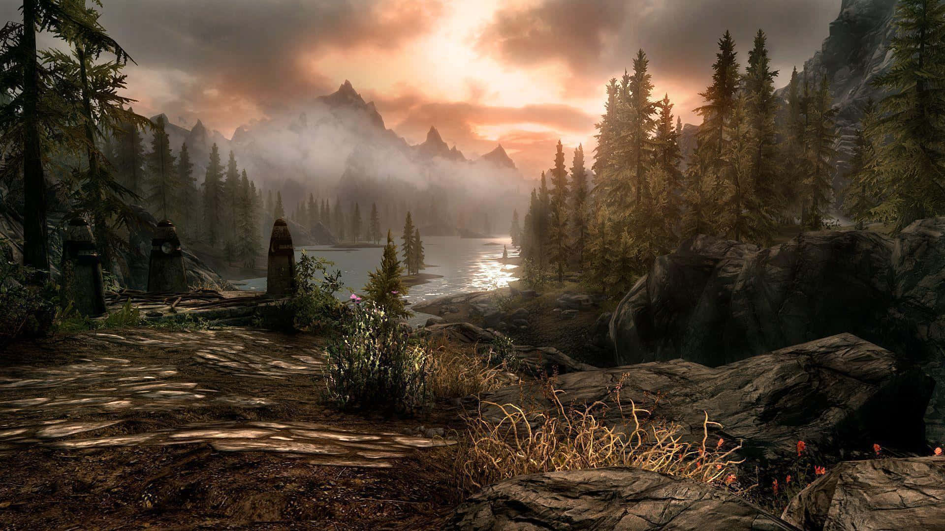Skyrim, mountain lake, dawn, Full HD Desktop Wallpaper