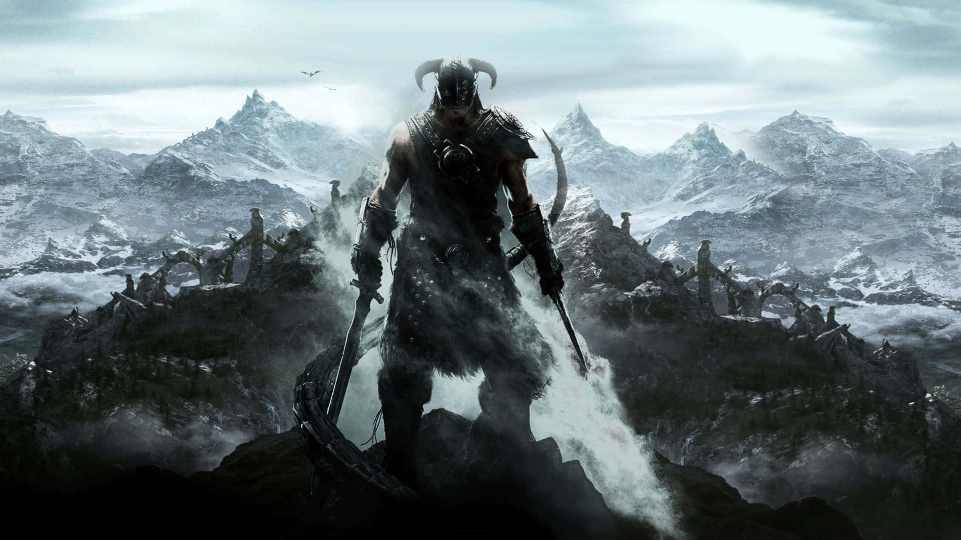 Skyrim, horned warrior, dark armor, Full HD Desktop Wallpaper