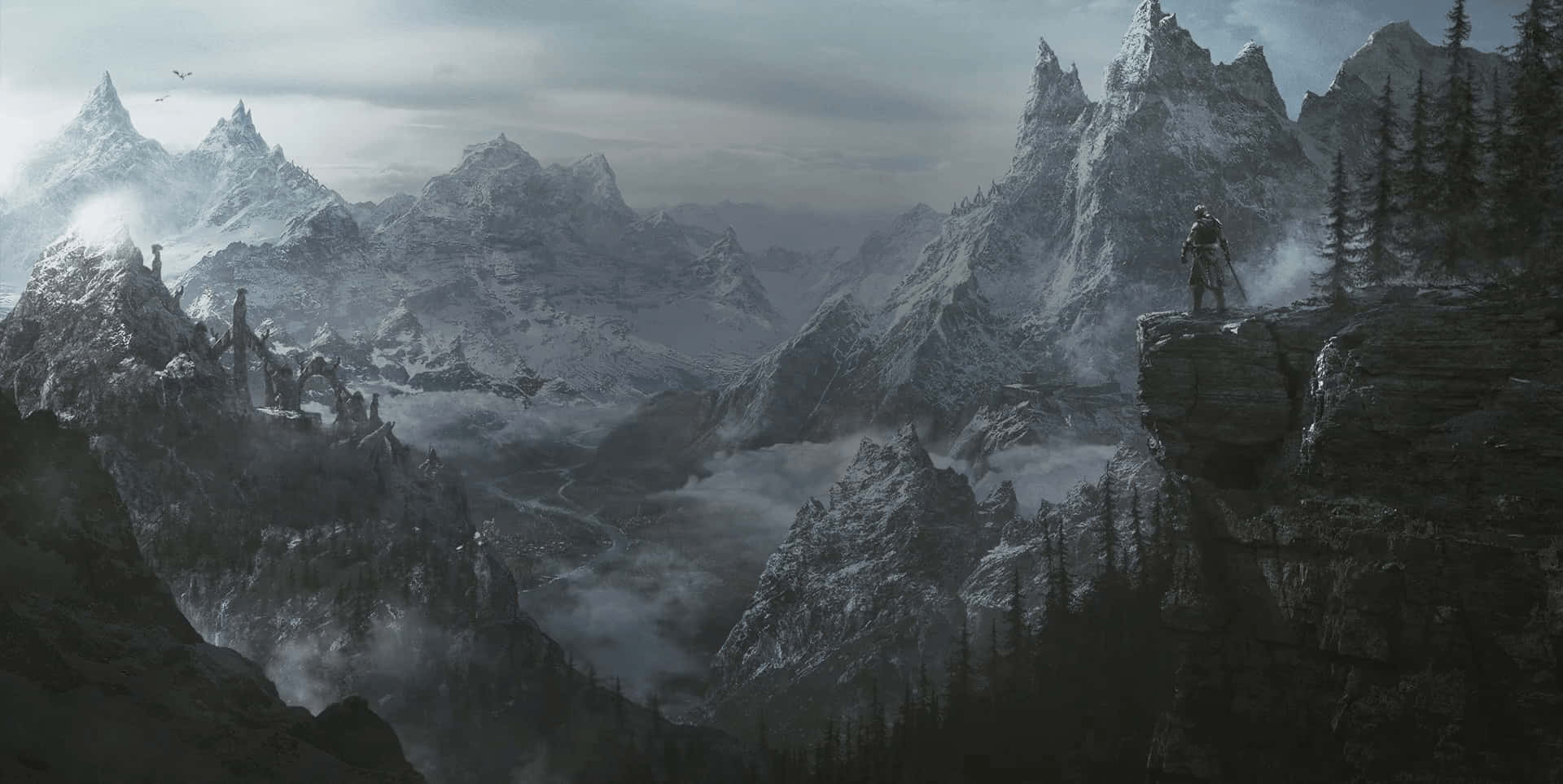 Skyrim, lone warrior, snowy mountain cliff, Full HD Desktop Wallpaper