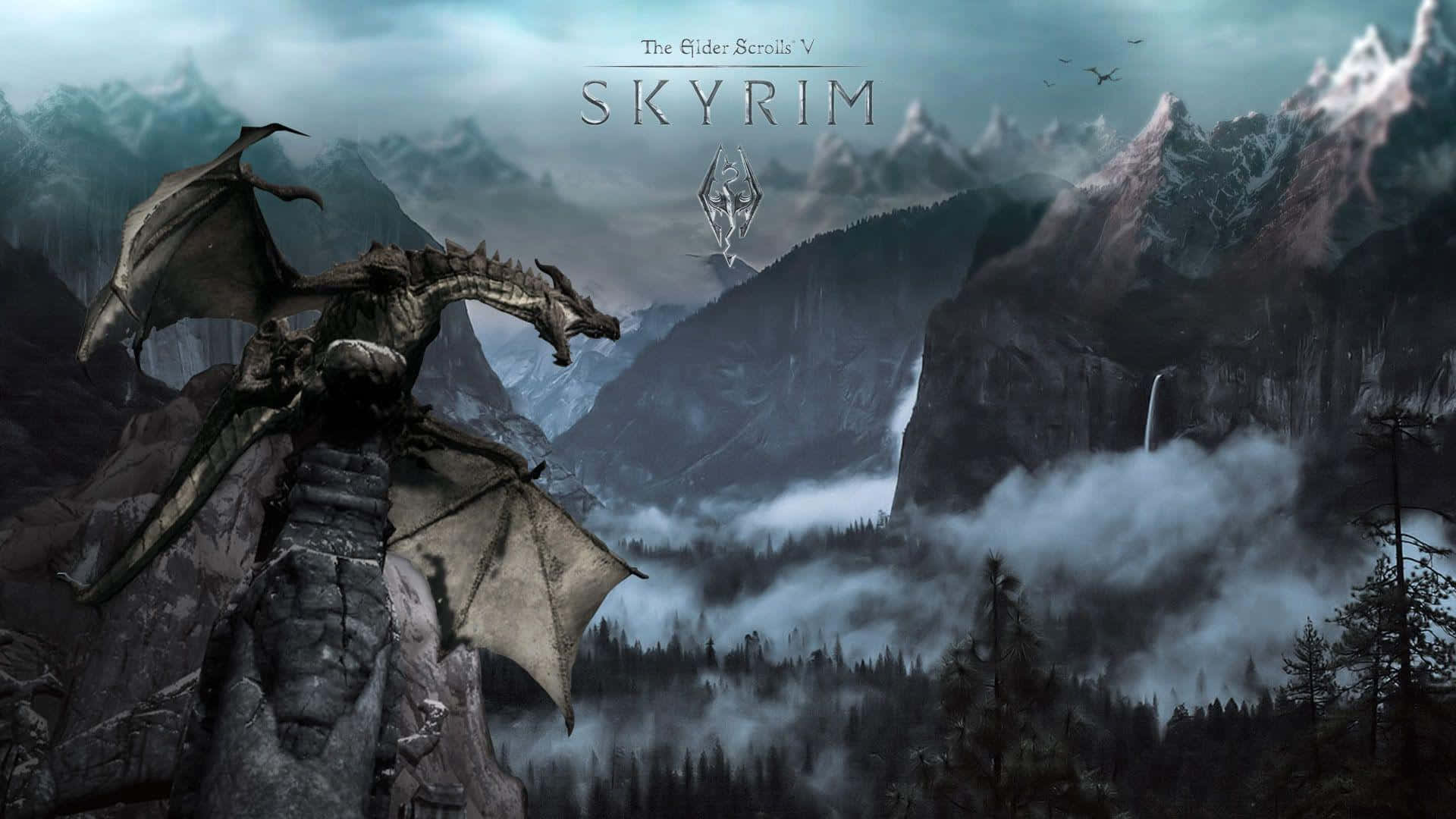 Skyrim Desktop, dragon, rocky peak, Full HD Desktop Wallpaper