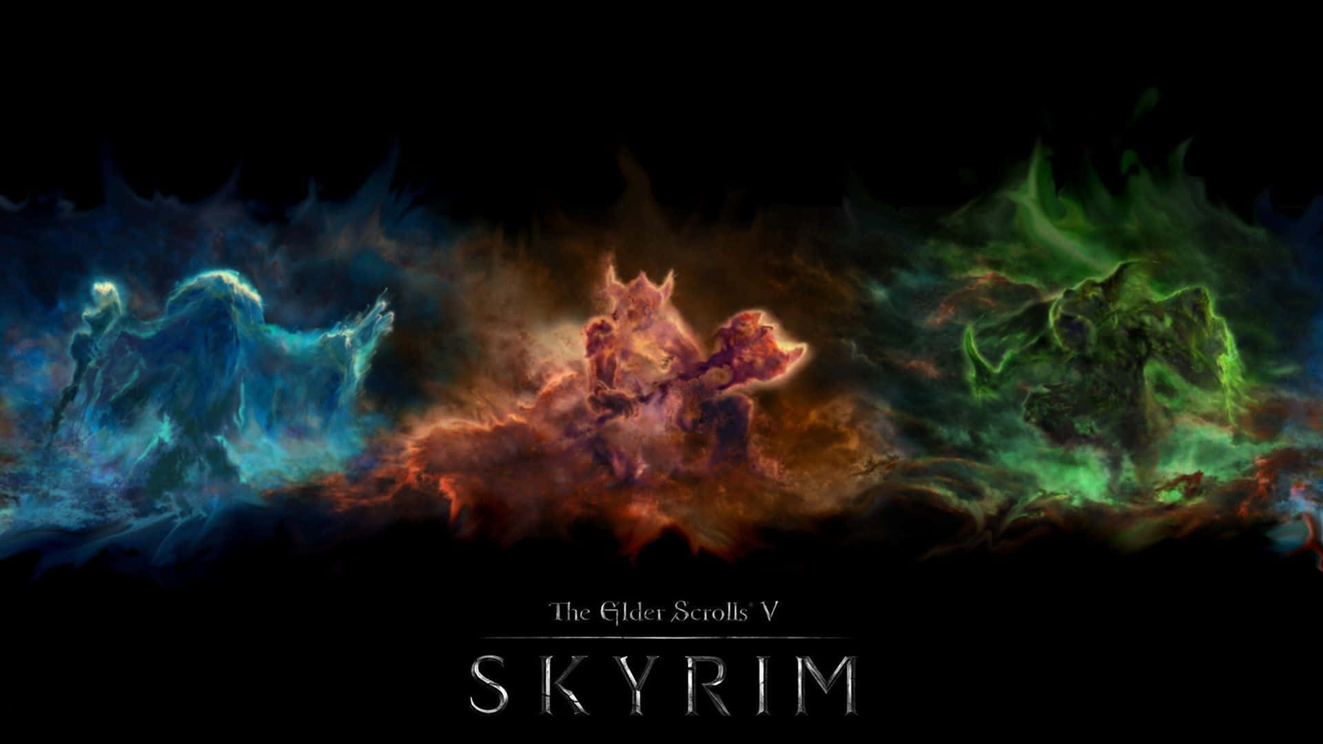 Skyrim Desktop, spectral dragons, blue orange and green, Full HD Desktop Wallpaper