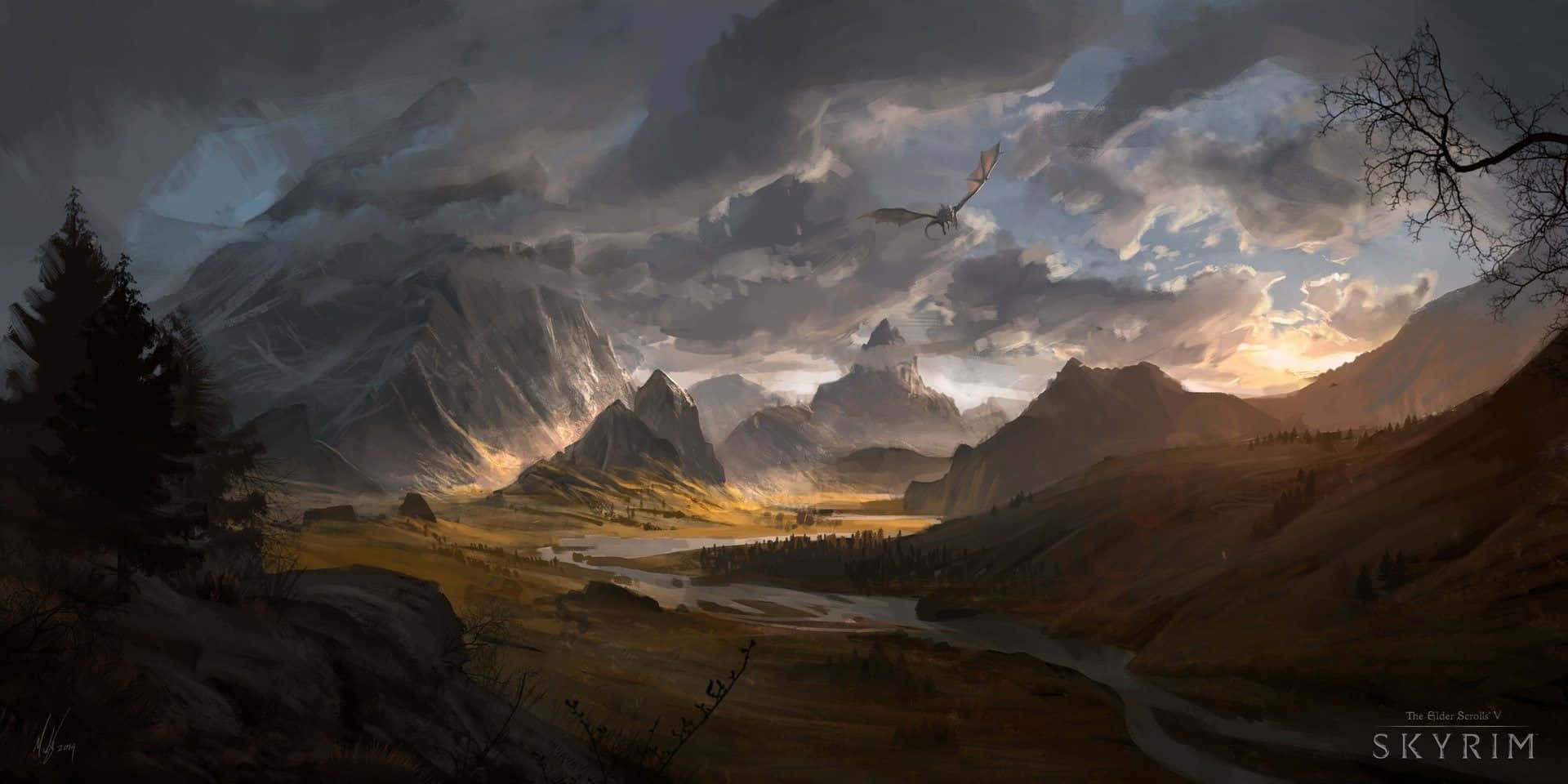 Skyrim, Sundown Desktop, dragon, Full HD Desktop Wallpaper