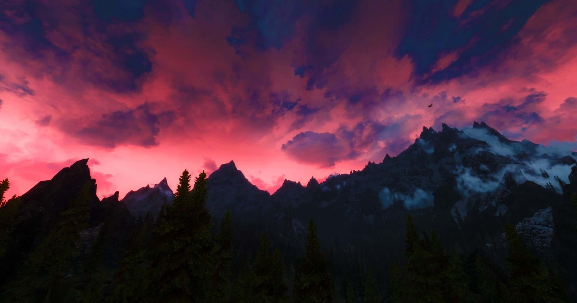 Skyrim, Pink Sky, mountain range, Full HD Desktop Wallpaper