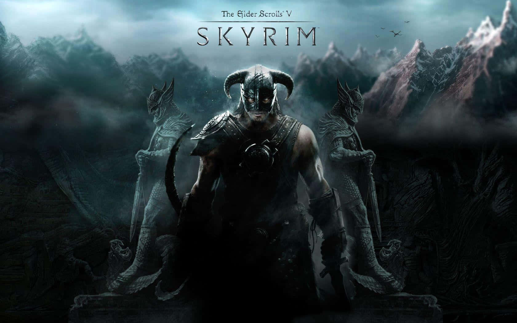 Skyrim, dark armored warrior, horns, HD Desktop Wallpaper
