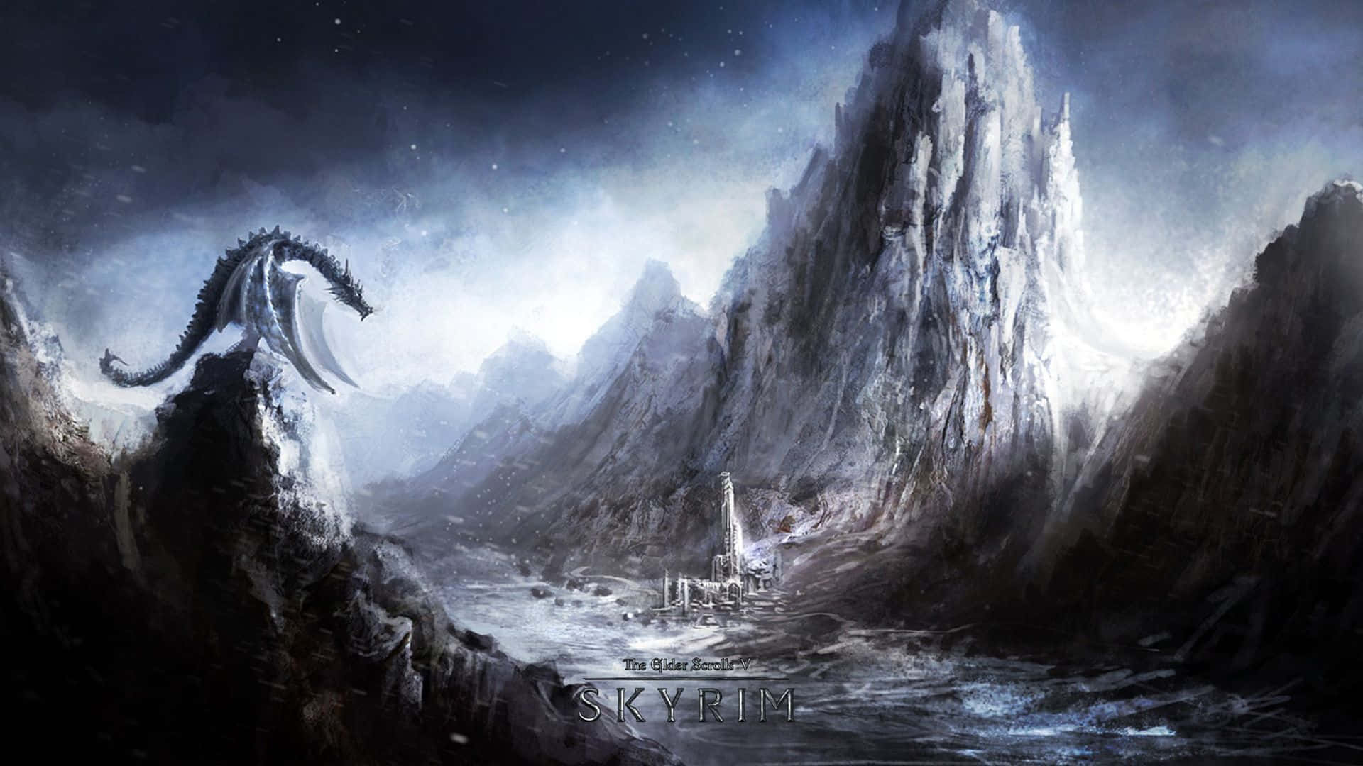 Skyrim, dragon, snowy cliff, Full HD Desktop Wallpaper