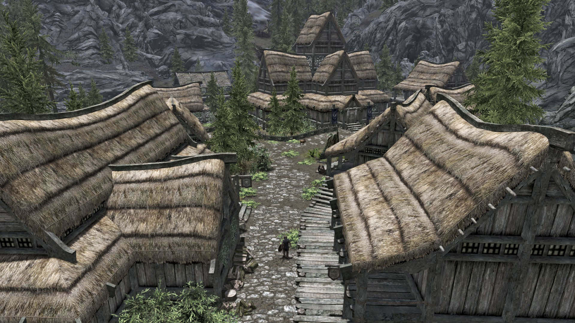 Skyrim, Falkreath, thatched-roof cottages, Full HD Desktop Wallpaper