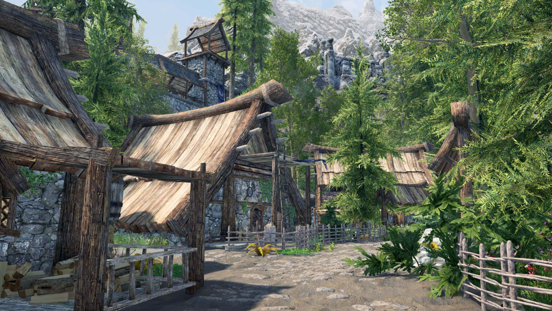 Skyrim, Falkreath, rustic wooden village, Full HD Desktop Wallpaper