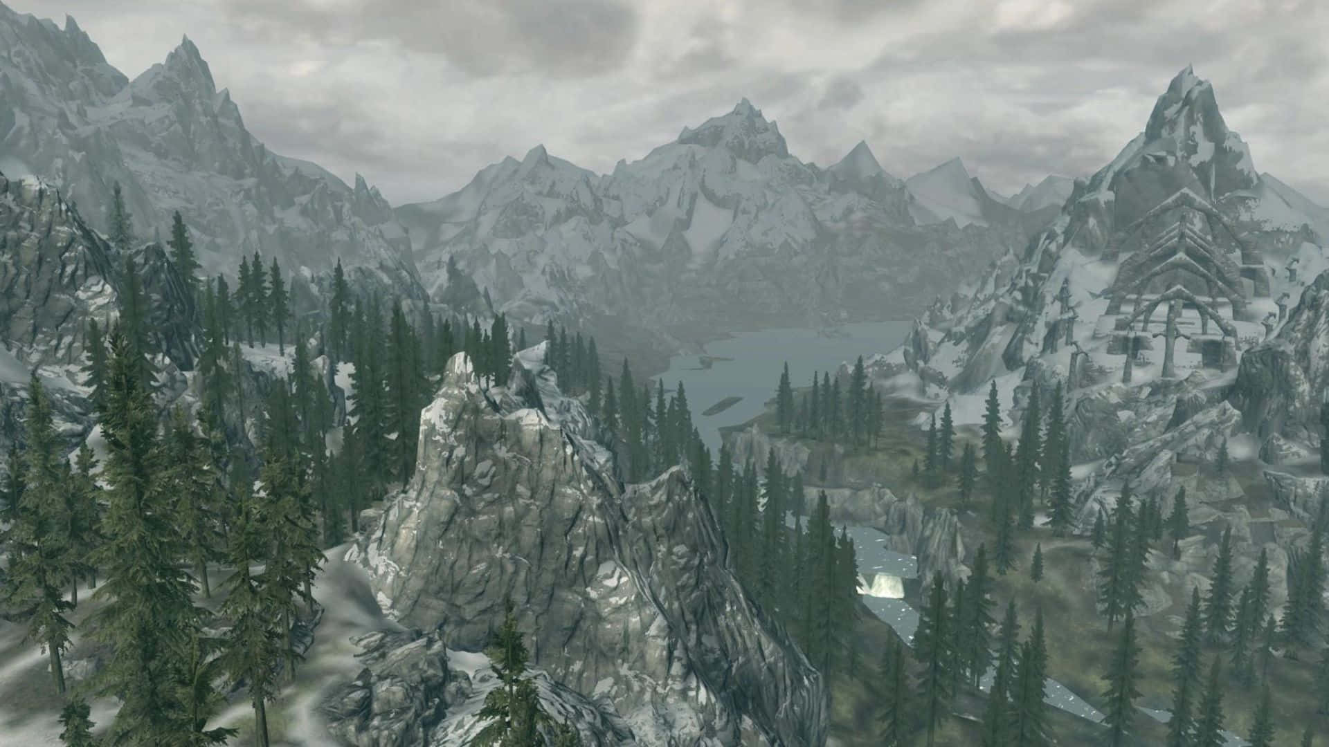 Falkreath, Skyrim, snowcapped jagged mountains, Full HD Desktop Wallpaper