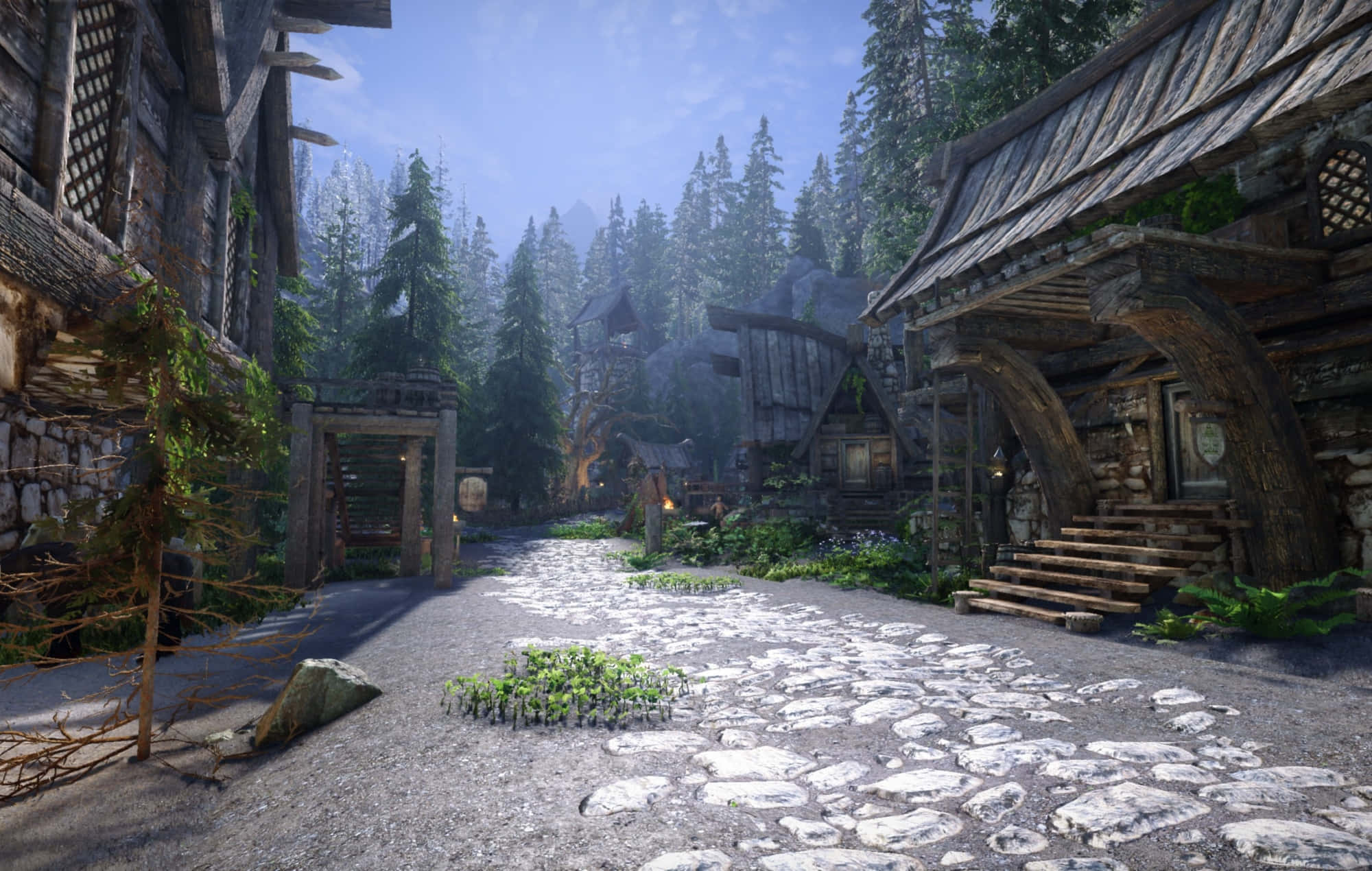 Skyrim, Falkreath, cobblestone path, Full HD Desktop Wallpaper
