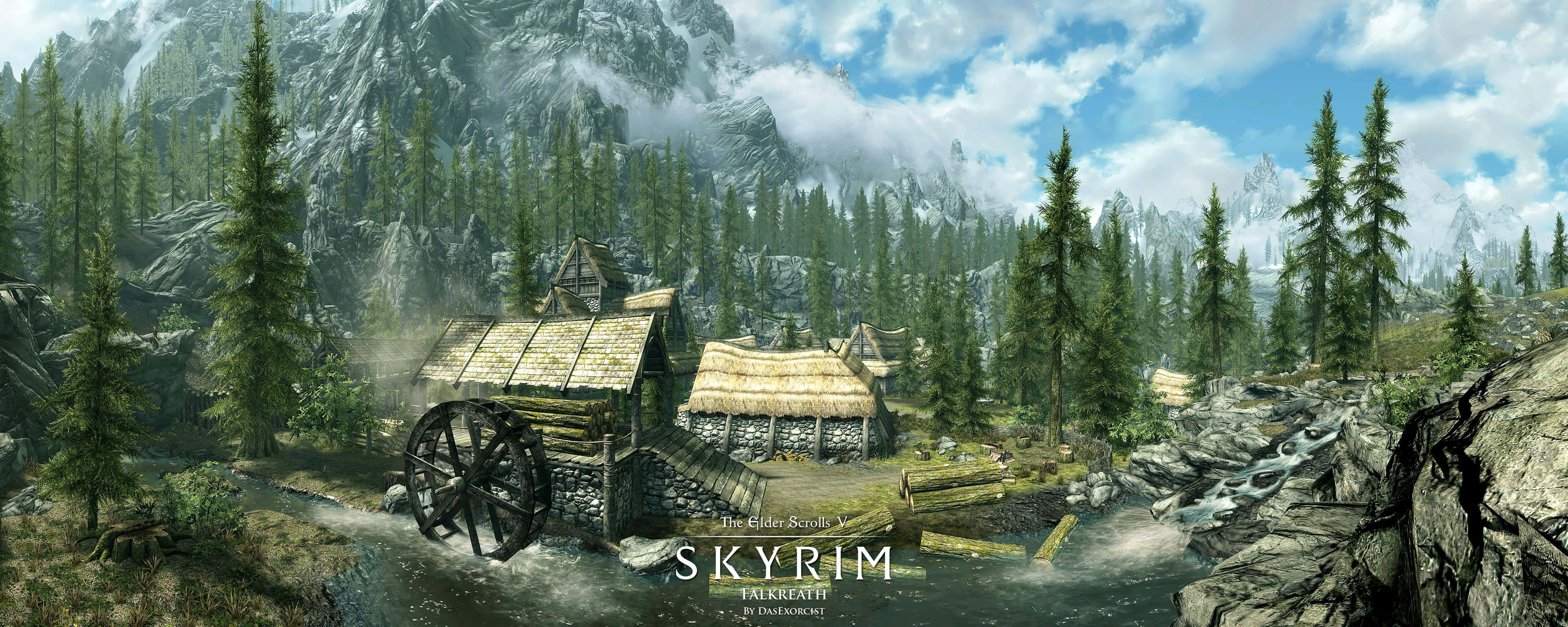 Skyrim Falkreath, rustic wooden watermill, forested valley, 4K Desktop Wallpaper